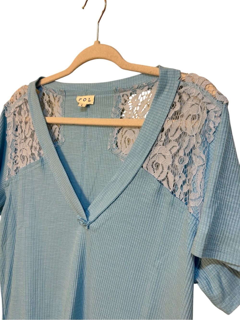 POL Powder Blue Lace-Trim V-Neck Top - Picture 3 of 7